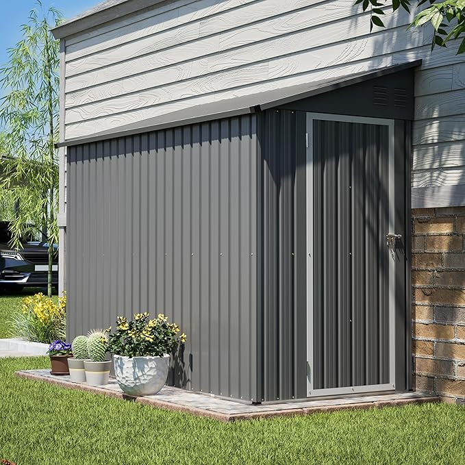 YOPTO 4x8 FT Lean to Outdoor Storage Shed,Metal Shed W/Floor Frame & Reversible Installation,All Weather Waterproof Garden Tool House W/Lockable Door & 2 Air Vents,for Backyard,Patio,Lawn,Gray