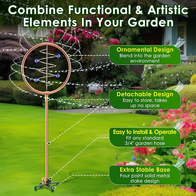 34" H Copper Coated Stainless Steel Ornamental Sprinkler, Corrosion Resistant Garden Rotating Sprinkler 360 Degree Shape Decorative for Lawn Garden Landscape(Wave Circle)