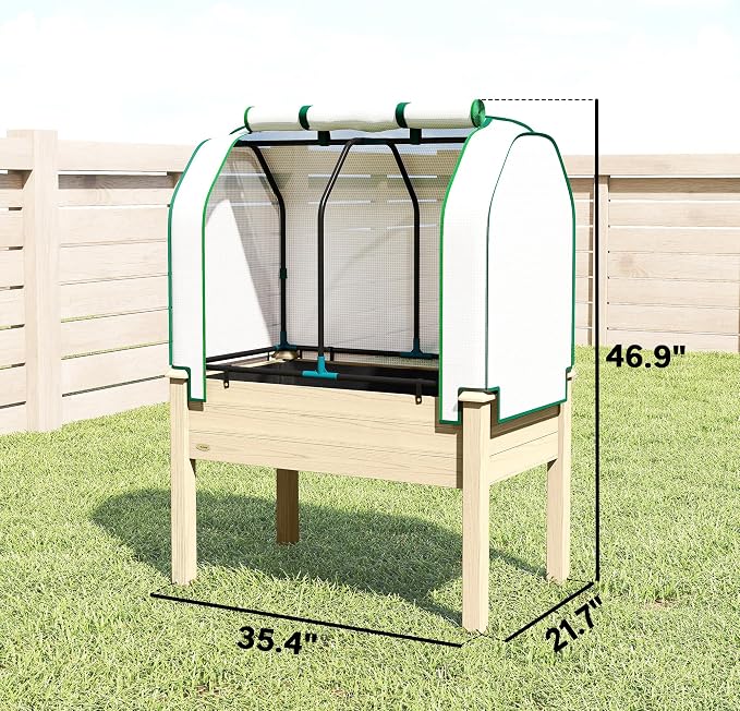 Outsunny Raised Garden Bed with PE Greenhouse Cover Outdoor Elevated Wood Planter Box for Herbs and Vegetables, Use for Patio, Backyard, Balcony, 35 x 22 x 47 inch, Natural
