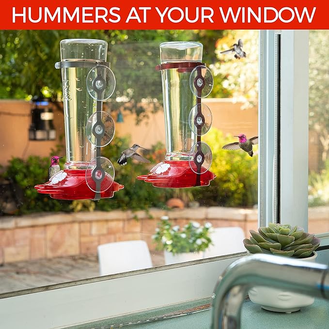 Window Hummingbird Feeders for Outdoors Including 3 Colors of Interchangeable Flowers for Hummingbirds Food and Nectar (2 Pack)