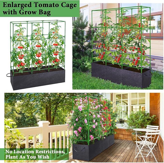 66x17x49 Inch Garden Tomato Cages with 46 Gallon Grow Bags, Square Plant Support Trellis Assembled with Planter Bags, Garden Cucumber Vegetables Frames for Vertical Climbing Plants