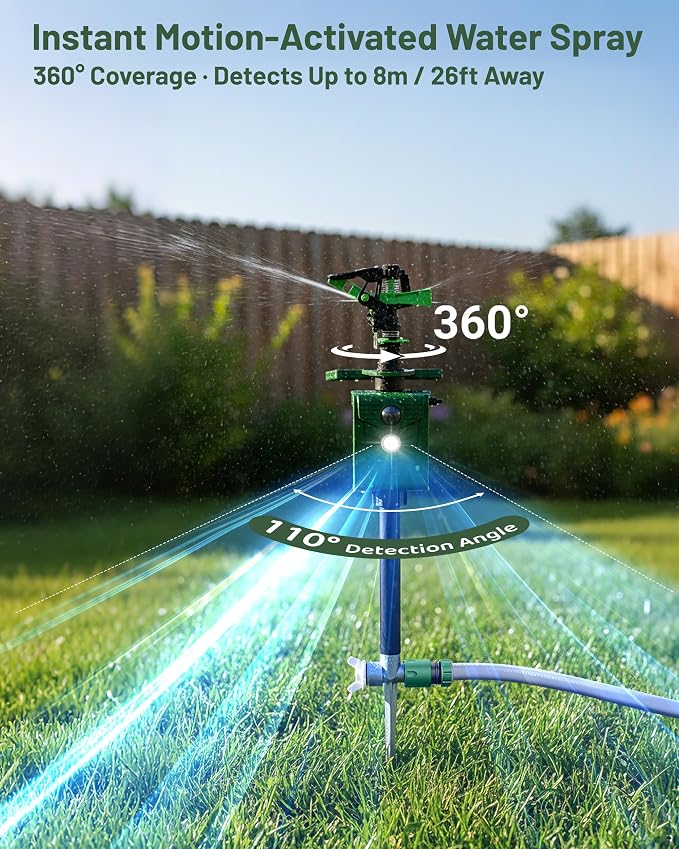 Solar Motion Activated Animal Repellent Sprinkler with Upgraded Metal Stake, Cat Dog Deer Squirrel Skunk Deterrent for Lawn, Garden & Yard