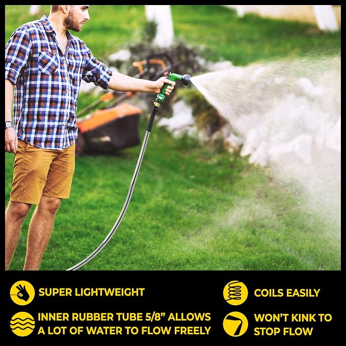 Bionic Steel PRO 100Ft GardenHose with Nozzle,Premium 304 Stainless Steel Metal WaterHose 100Ft Flexible-Hose,Rust Proof,Lightweight,Heavy Duty,Crush Resistant Fitting,500 PSI,2025 Model,(Pack of 2)