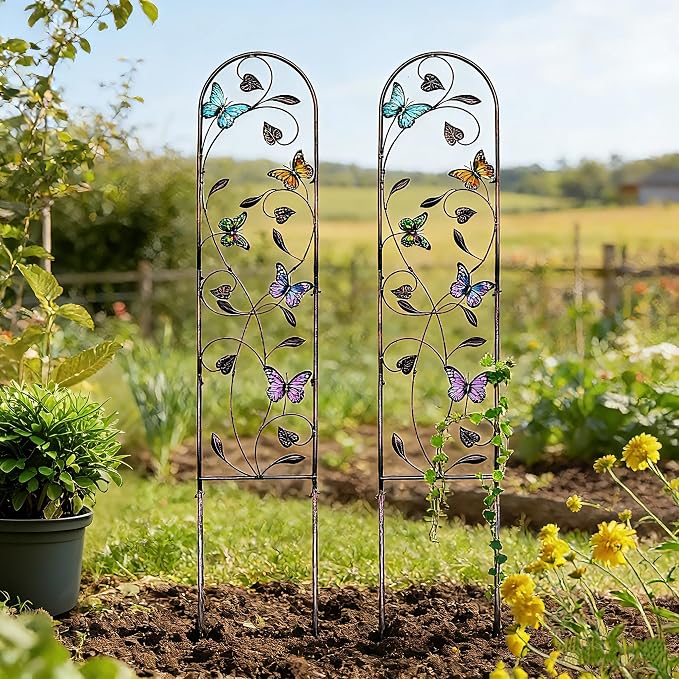 2 Pack Metal Garden Trellis with Colorful Butterfly, Outdoor Decoration Arched Fence Trellis for Climbing Plants for Patio, Backyard, Lawn, Wall Brackets
