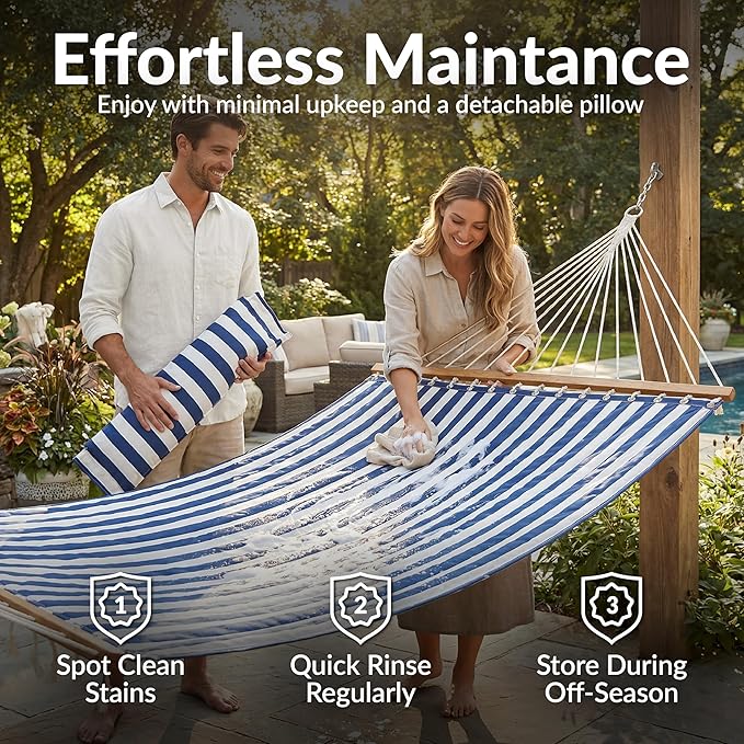 Sunnydaze Quilted Outdoor Hammock with Spreader Bars - Heavy-Duty 450-Pound Capacity Double Hammock for Outside - Blue and White Stripe