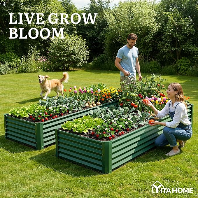 YITAHOME 6x3x1.5ft Large Raised Garden Bed Kit, Galvanized Metal Planter Box with Gloves, Ground Nails, Support Rod, Outdoor Above Ground Planters for Plants Vegetables Flowers, Green