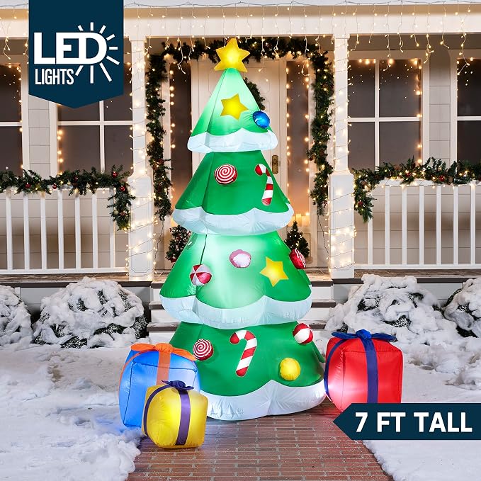 Joiedomi 7FT Tall Christmas Inflatables Tree Outdoor Decoration, Giant Christmas Inflatable Tree with 3 Gift Boxes with Build-in LEDs for Blow Up Xmas Decoration, Indoor Outdoor Yard Garden Lawn Décor