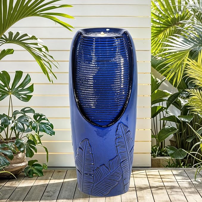 AUTODAYA 33" Tall Outdoor Garden Fountain with LED Lights, Modern Ceramic Jar Water Fountain, 3D Tropical Leaf Pattern, Cobalt Blue Glaze, Soothing Cascading Waterfall for Relaxing Patio, Yard, Porch