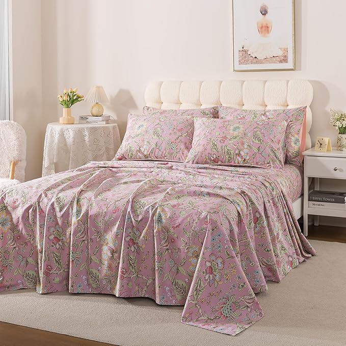 FADFAY Cal King Sheet Set 4Pcs 100% Egyptian Cotton Sheets Deep Pocket Soft Breathable Vintage Misty Pink French Country Bedding Shabby Cottagecore Floral Bedding Luxury Hotel Quality for All Seasons