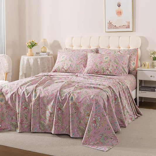 FADFAY Twin Sheet Set 4Pcs 100% Egyptian Cotton Bed Sheets Deep Pocket Soft Breathable Vintage Misty Pink French Country Bedding Shabby Cottagecore Floral Bedding Luxury Hotel Quality for All Seasons