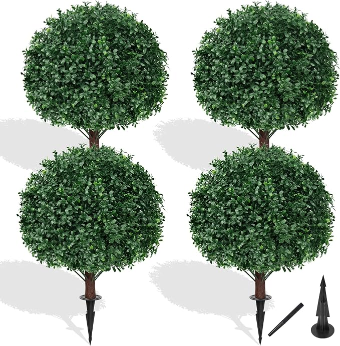 Grooy Artificial Boxwood Topiary Ball Tree with Ground Spike, Set of 4 Artificial Shrub Bushes, Fake Evergreen Tree for Porch, Artificial Plants for Outdoor Planters Indoor UV Resistant