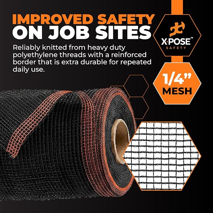 Xpose Safety Construction Safety Netting – 8.5' x 150', 1/4" Mesh Scaffold Safety Net, Temporary Material Roll, Visibility Fence, Heavy-Duty Fire Retardant, Black (18-Pack)