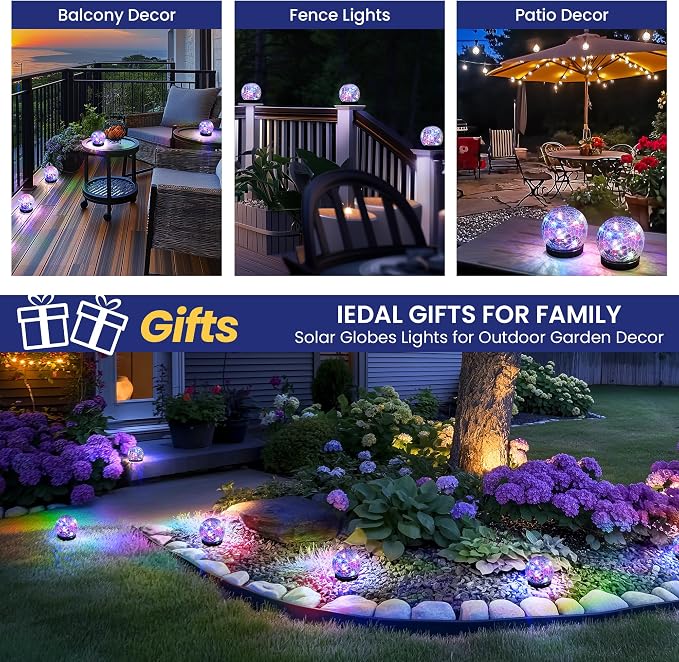 Solar Lights Outdoor for Yard Patio Porch, Garden Decor Birthday Gifts for Mom Women, Solar Globe Lights Waterproof Cracked Glass Ball Outdoor Decorations Balcony Backyard (4 Pack Multicolor)