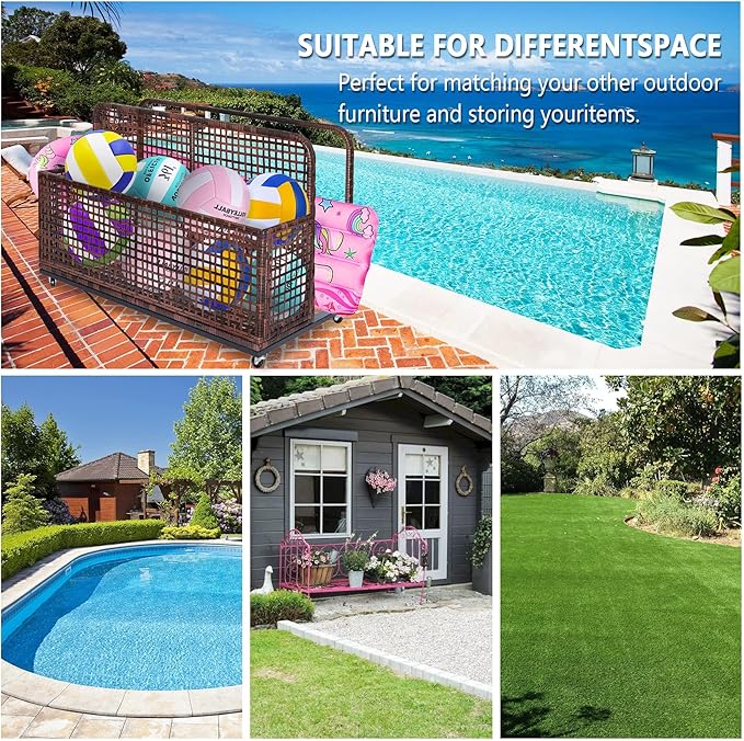 Garvee Pool Float Storage Organizer with Wheels, Outdoor Wicker Pool Storage Bin for Floats & Toys, Rolling Poolside Storage Rack for Patio Backyard Deck Box