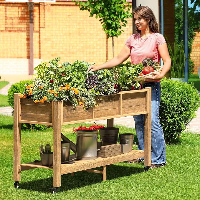 DWVO 47x18x31in Raised Garden Bed Outdoor HDPE with Legs and Lockable Wheels, Weather-Resistant Poly-Wood Elevated Planter Box, Double Tier Planters for Backyard Patio Balcony, Brown