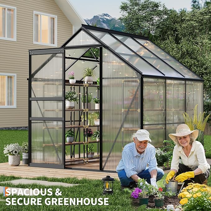 6x6FT Greenhouse for Outdoors, Walk-in Polycarbonate Greenhouse with Sliding Door, Adjustable Roof Vent & Gutter System, Portable Outdoor Green House Kit for Winter Gardening