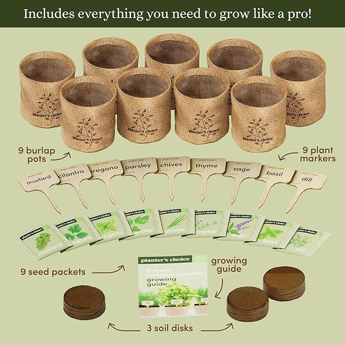Planters' Choice 9 Herb Indoor Window Garden Kit - House Plants Seeds - Best Unique Gift Ideas for Women, Mom, Friend, Her, Birthday, Housewarming, Mother - New Home Kitchen Gifts