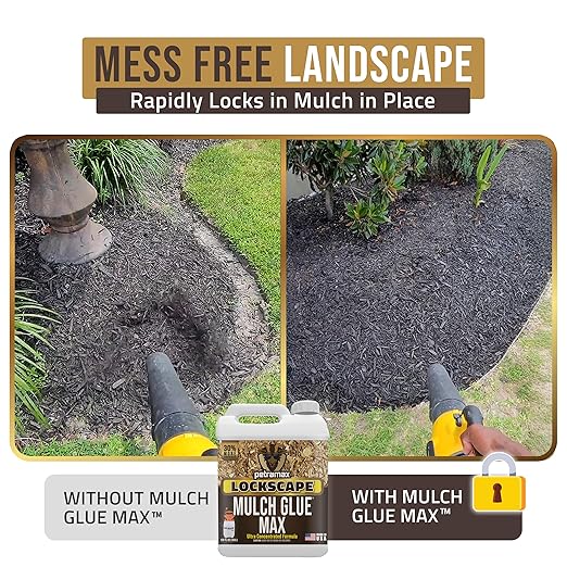 Petra Max Lockscape Mulch Glue for Landscaping -4 Gals - Strongest 3X Concentrated - Pet Safe Lockdown Sticky Mulch and Rock Glue for Pea Gravel 100% Permeable Binder Spray for Pine Straw, Wood Chips