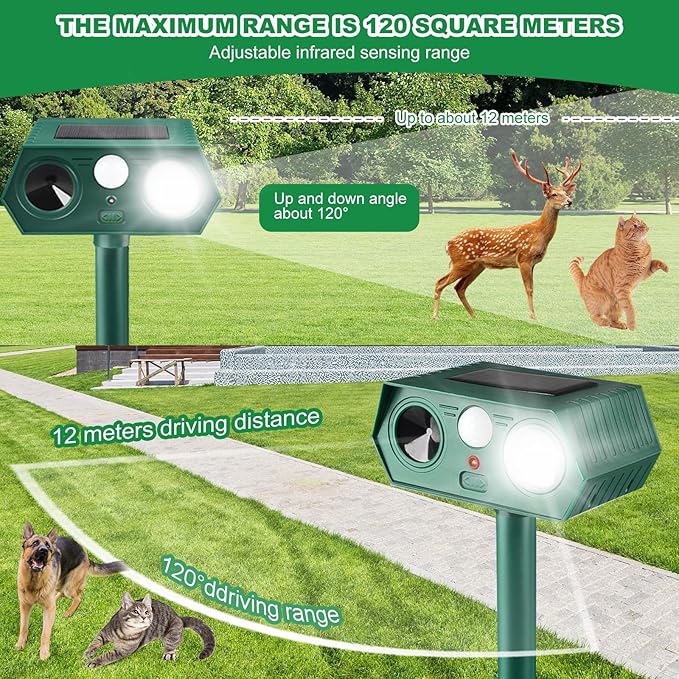 2025 Solar Animal Repellent,Upgraded Ultrasonic Cat Repellent Outdoor,Waterproof Deer Deterrent for Bird Dog Skunk,Squirrels Deterrent with Motion Detection Flash Lights for Pasture House (2 Pack)
