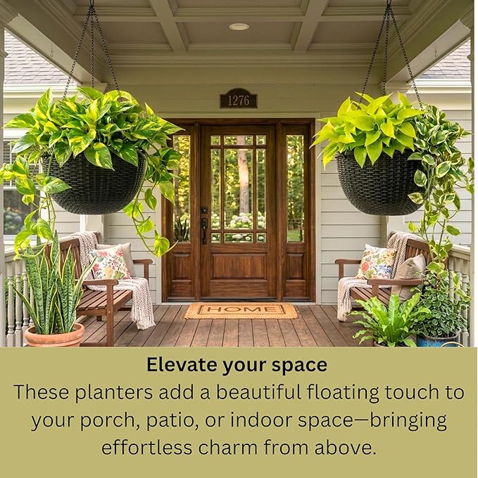 LaLaGreen Indoor Hanging Planters (11 Inch, 2 Pack) Self-Watering Hanging Basket with Water Level Indicator, Black Metal Chain Rattan Style Round Flower Pot for Deck Porch Garden Balcony Outdoor Decor