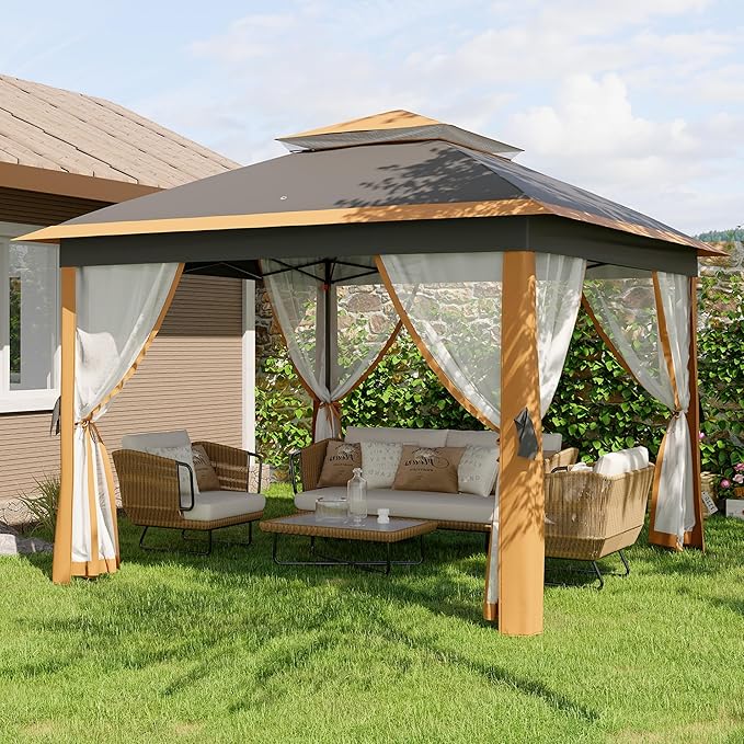 GarveeLife 11'x11 Pop-Up Gazebo, Instant Outdoor Canopy Tent with Mosquito Nettings, Durable Steel Frame, Water, and UV Proof, for Patio, Garden, Courtyard, Party (Khaki)