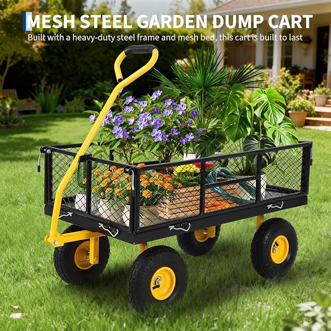 900 Lbs Heavy Duty Steel Garden Cart, Garden Wagon Cart on Wheels, Outdoor Metal Yard Utility Wagon Carts with and Mesh Removable Sides(Convert to Flatbed) and 180°Rotating Handle