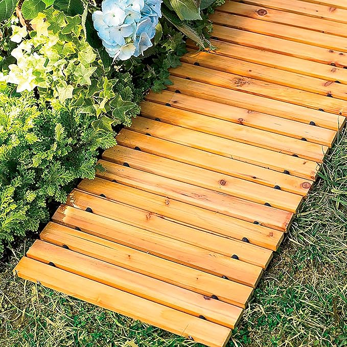 Plow & Hearth 8' Straight Outdoor Wooden Pathway | 18" Wide Rollout Outdoor Garden Walkway | Weather-Resistant Hardwood Cedar Board Walkway Landscape Edging | Decorative Lawn Patio Wedding Party