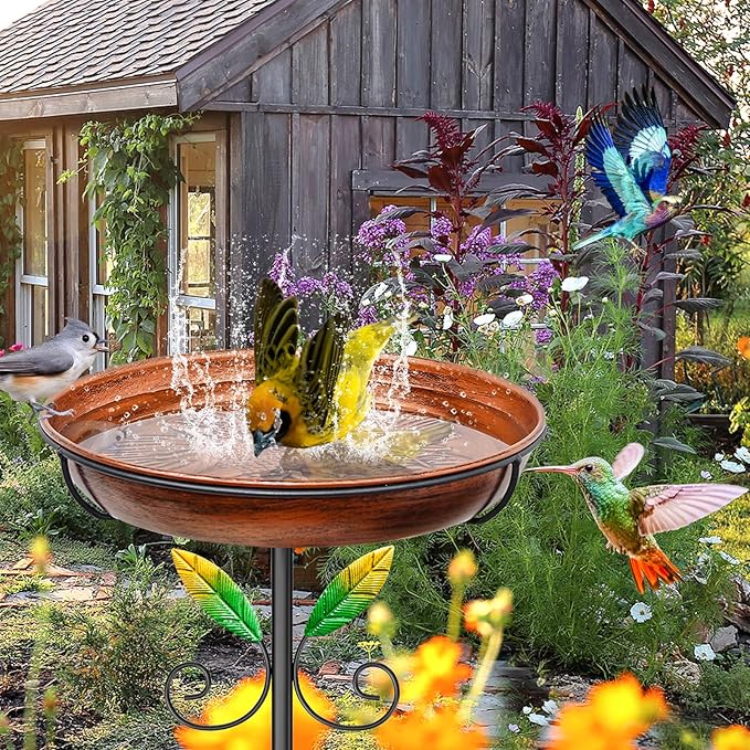Metal Bird Bath for Outside Feeder Bowl, 38.8“ Detachable Birdbath & Birdfeeder with Hummingbird Flower Reliefs, Vintage Birds Baths for Outdoors Garden Yard Lawn Decor (Bird Retro Brown)