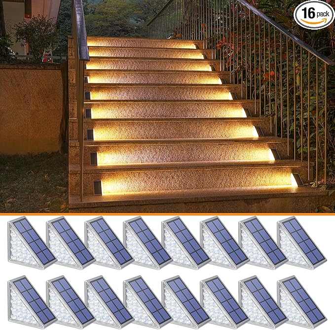NIORSUN Solar Step Lights,16 Pack Warm White Solar Stair Lights Outdoor Waterproof IP67 Auto On Off,Solar Lights for Steps,Stair,Patio,Yard,Porch,Front Door,Sidewalk,Deck Decor
