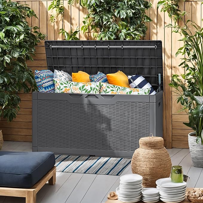 Flamaker Outdoor Storage Box 100 Gallon Waterproof Resin Deck Box Delivery Box with Air Rod Indoor Outdoor Lockable Storage Bench for Patio Cushions, Tools, Pool Accessories (Gray)