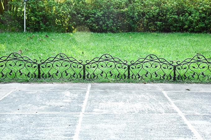 Evelyne Decorative Garden Border Plastic Edging – PP Plastic, Short Metal-Free Faux Wrought Iron Leaf & Bird Design, 16pcs Yard Landscaping Fence Liner Lawn Edge Barrier, 20ft Kit of Decorative Panels