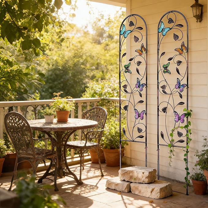 4 Pack Metal Garden Trellis with Colorful Butterfly, Outdoor Decoration Arched Fence Trellis for Climbing Plants for Patio, Backyard, Lawn, Wall Brackets