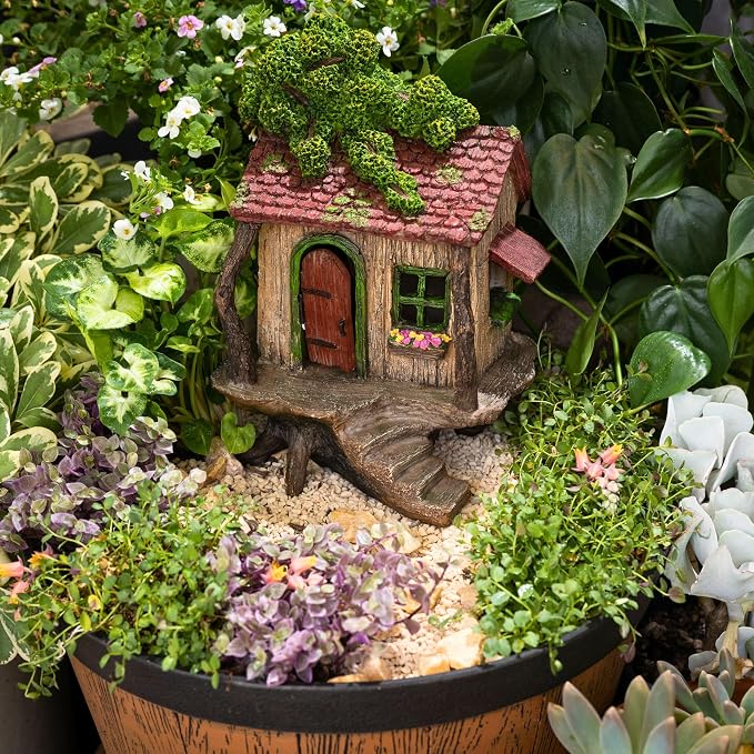 PRETMANNS Fairy Garden Treehouse for Outside - 9" H x 4" W Hand-Painted Resin Fairy House with Opening Door and Window Box - Waterproof Miniature Cottage for Patio Planter Balcony Decor, Gift Ready