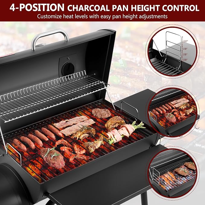 Charcoal Grill Offset Smoker, 744.5 Sq.In Outdoor BBQ Smoker Grill with Side Fire Box, 4-Position Charcoal Pan, Built-in Thermometer, Side Table & Wheels for Backyard Patio Camping