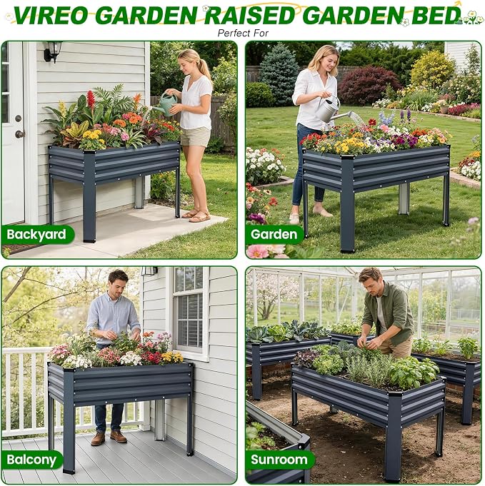 Galvanized Raised Garden Bed with Legs 2 Pack, 48x24x32in Elevated Raised Garden Bed Outdoor with Drainage Holes, Planter Boxes for Gardening Vegetable Flower Fruit in Backyard, Patio, Balcony (Grey)