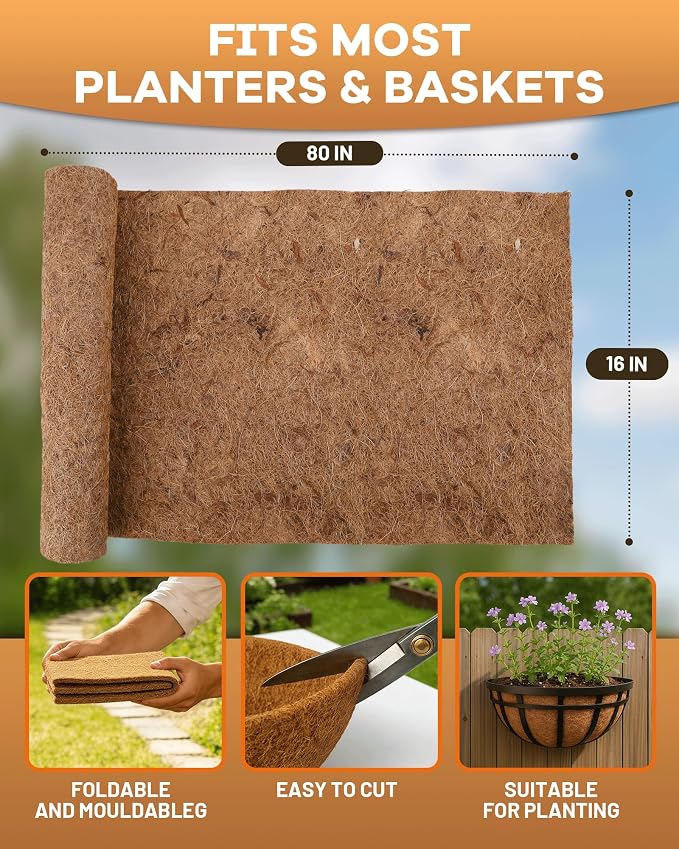 Coco Liners for Planters - 16" x 80" Thick Coconut Fiber, Pre-Drained Planter Liner, Reptile Bedding & Garden Mat | 100% Natural & Biodegradable Coconut Coir for Plants