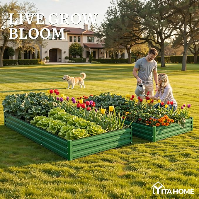 YITAHOME 8x4x1ft 2pcs Large Raised Garden Bed Kit, Galvanized Metal Planter Box with Gloves, Ground Nails & Safety Rubber, Outdoor Above Ground Planters for Plants Vegetables Flowers, Green
