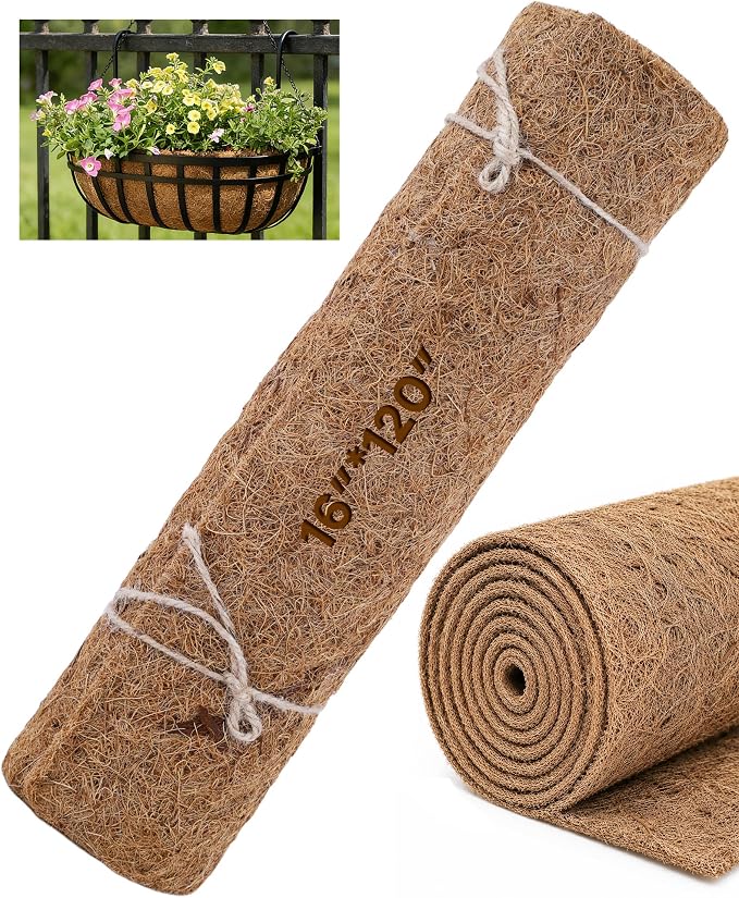 Coco Liners for Planters - 16" x 120" Thick Coconut Fiber, Pre-Drained Planter Liner, Reptile Bedding & Garden Mat | 100% Natural & Biodegradable Coconut Coir for Plants