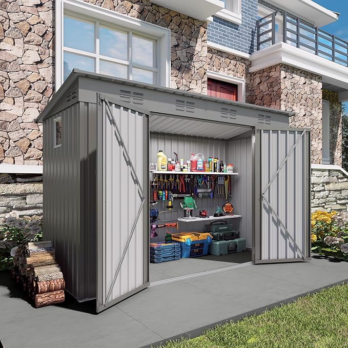 Outdoor Metal Storage Shed, Galvanized Steel Garden Shed with Sloped Roof & Vents, Waterproof Rust-Resistant Backyard Tool Shed for Patio Lawn Garden Trash Can Storage, Easy Assembly