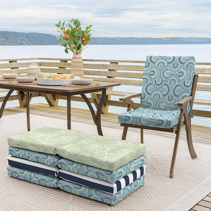 Arden 4-Pack Outdoor Patio Dining Chair Cushion, 20x44, Rain-Proof Seat Pad, Fade-Resistant Outdoor Cushion Coastal Blue Geometric