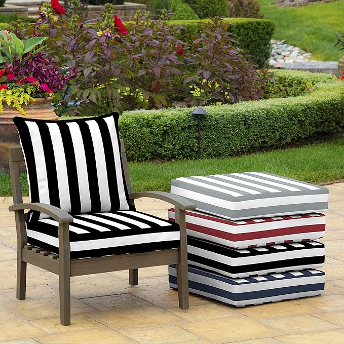 Arden Outdoor Deep Seat Cushion Set (2-Pack), 24 in x 24 in, Weather-Proof, Rain-Proof, Fade Resistant Patio Cushion for Chair, Sofa, and Couch Black Cabana Stripe