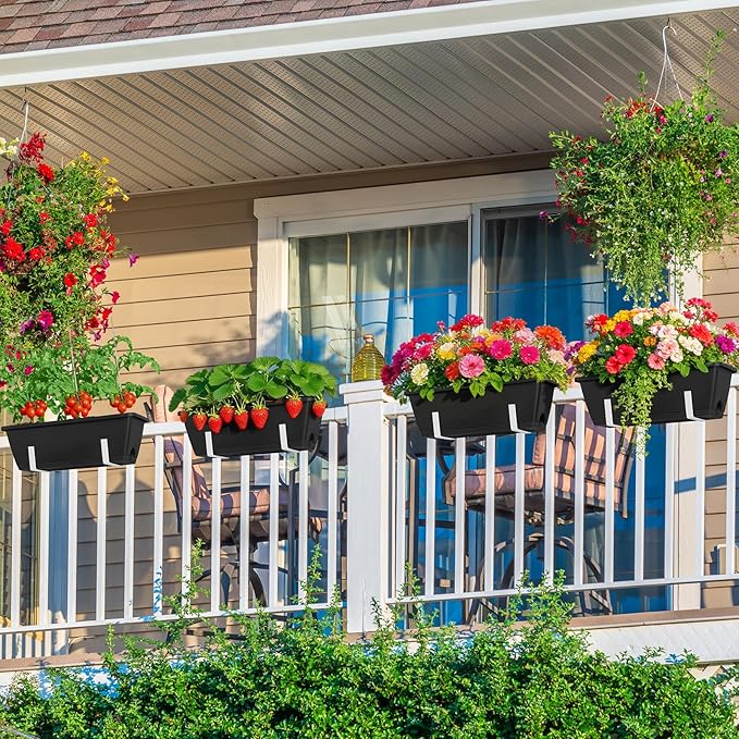 OYEAL 6 Pack Railing Planter Boxes with Adjustable Brackets Outdoor Hanging Window Boxes Planters Deck Railing Planter Boxes with Drainage Holes for Fence, Garden, Balcony, Patio, Black & White