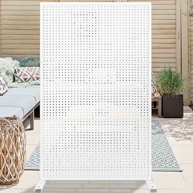 Prolee Metal Privacy Screen Outdoor 6 x 3.7 Ft, Decorative Fence for Patio Screen Freestanding, Outdoor Privacy Panels with Stable Heavy Base for Deck, Porch and Balcony (White)