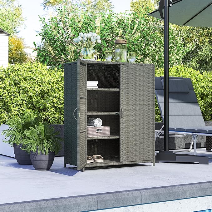 Outsunny Wicker Outdoor Storage Cabinet with Shelves, 4-Shelf Outdoor Pool Towel Cabinet with Two Doors, Rattan Patio Storage Shelves for Garden, Backyard, Porch, Dark Gray