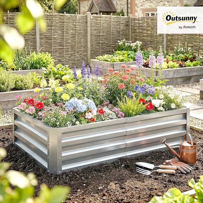 Outsunny Galvanized Raised Garden Bed, 4' x 2' x 1' Metal Planter Box, for Growing Vegetables, Flowers, Herbs, Succulents, Silver