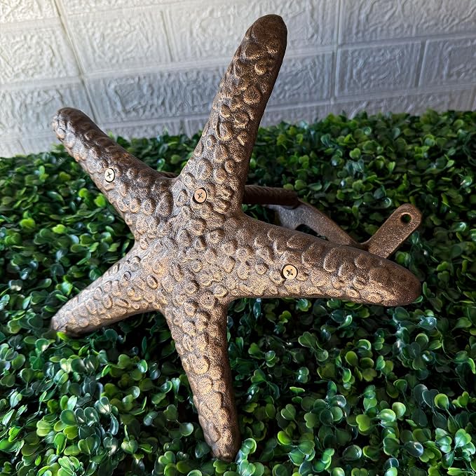 Zeckos 12 Inch Cast Iron Starfish Garden Hose Holder, Bronze Coastal Wall Mounted Hose Hanger with Matching Hardware for Outdoor Yard, Beach House, Garden or Patio Decor