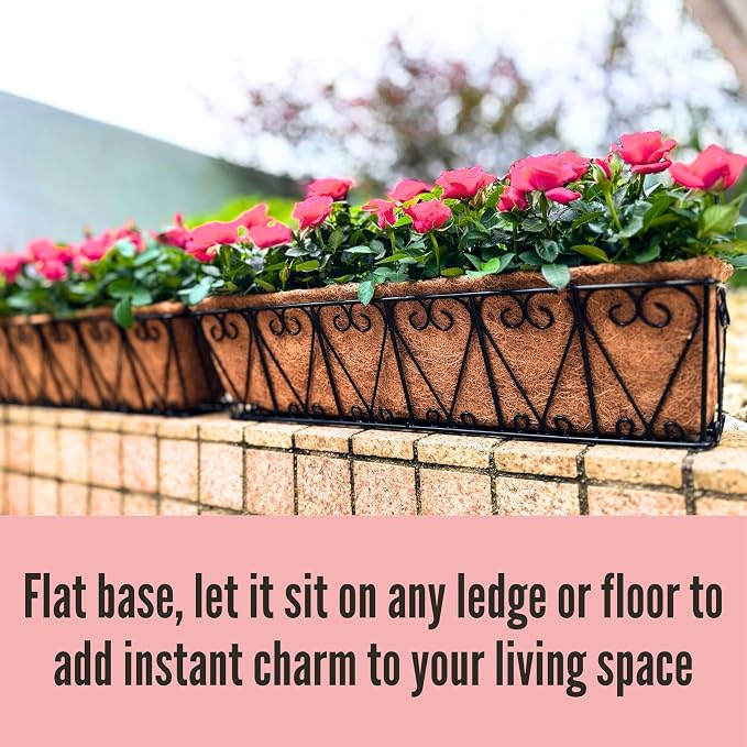 LaLaGreen Outdoor Wall Planters - 2 Pack, 30 Inch Deck Railing Hanging Pot, Over the Rail Window Flower Boxes Black Plant Basket Attach to House with Coco Liner Metal Fence Balcony Patio Porch
