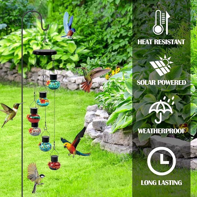 Solar Power Hummingbird Feeders - Colorful Hand Blown Glass Window Wild Humming Bird Feeders Outdoor Hanging Flower 6 Bee Guard Leak Proof Feeding Ports Garden Yard Backyard Decor Easy Clean