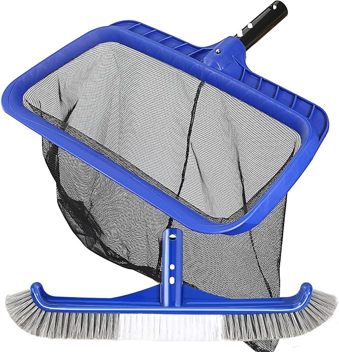 Pool Brush Head & Fine Mesh Pool Skimmer Kit，17" Pool Brushes for Cleaning Pool Wall， Reinforced Frame Pool Net Leaf Skimmer Cleaning Tool with Deep Fine Nylon Mesh Net Bag for Fast Cleaning