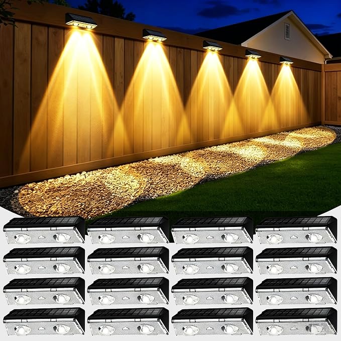 KEILAIMO Solar Fence Lights Outdoor, IP65 Waterproof Fence Lights Solar Powered with Ultra-Bright LED Lens, 9 Color Modes, 12+ Hours Steady Glow for Deck/Backyard/Patio/Pool/Wall - 16 Pack, Coal Black